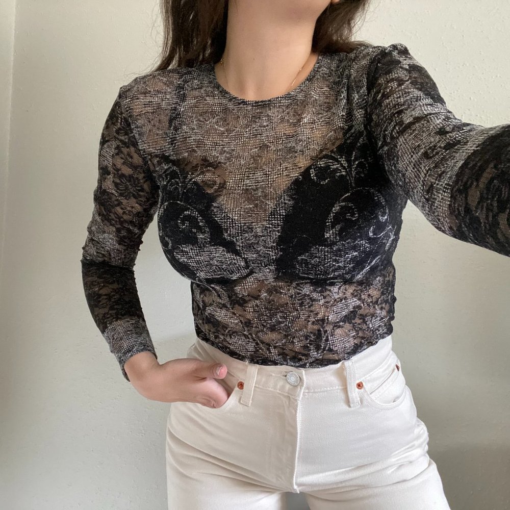 Natori Glen-Plaid Mesh Top Black and Grey Lace See-Through Long Sleeve Top